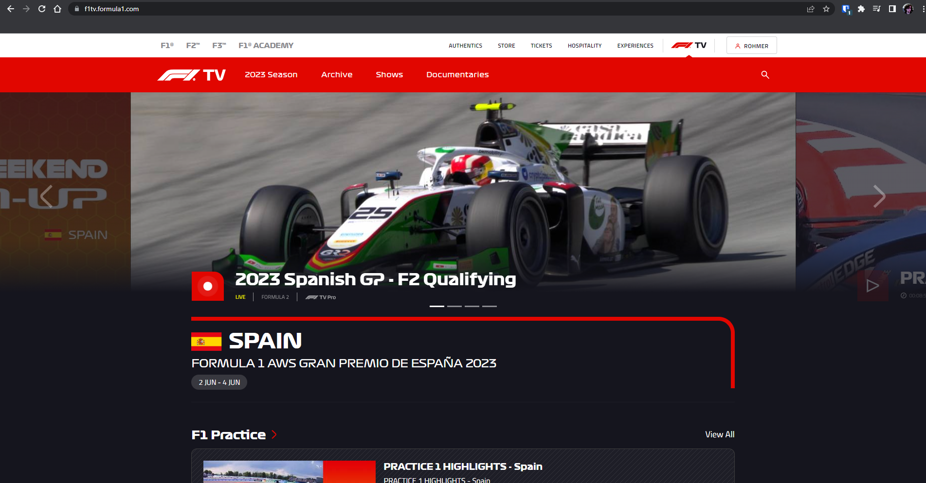 "Page principale de la F1TV"